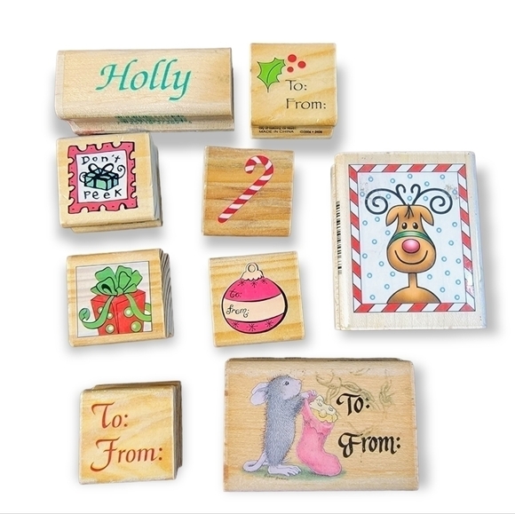 Lot of Christmas Theme Wooden Block Rubber Stamps Crafting Stamping Gift tags - Picture 1 of 10